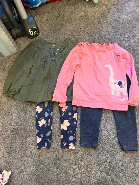 Carter's Other - Girls Pink Dinosaur Sweatshirt & Olive Top Outfit - Floral Leggings
